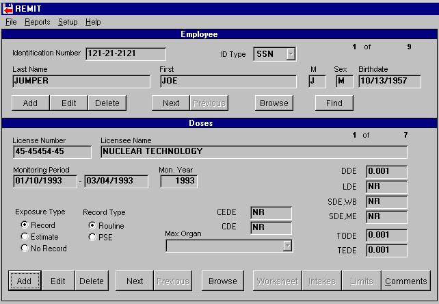 Screen image of REMIT data screen